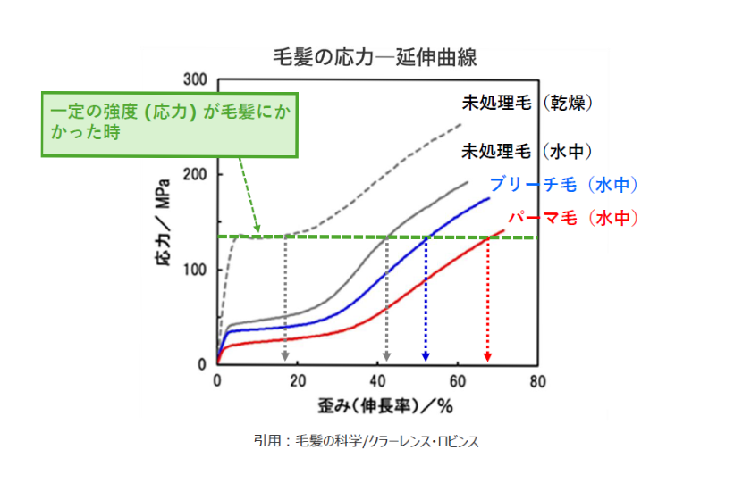 毛髪の応力ー延伸曲線