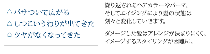 「パサついて広がる・しつこいうねりが出てきた・ツヤがなくなってきた」繰り返されるヘアカラーやパーマ、そしてエイジングにより髪の状態は刻々と変化していきます。ダメージした髪はアレンジが決まりにくく、イメージするスタイリングが困難に。